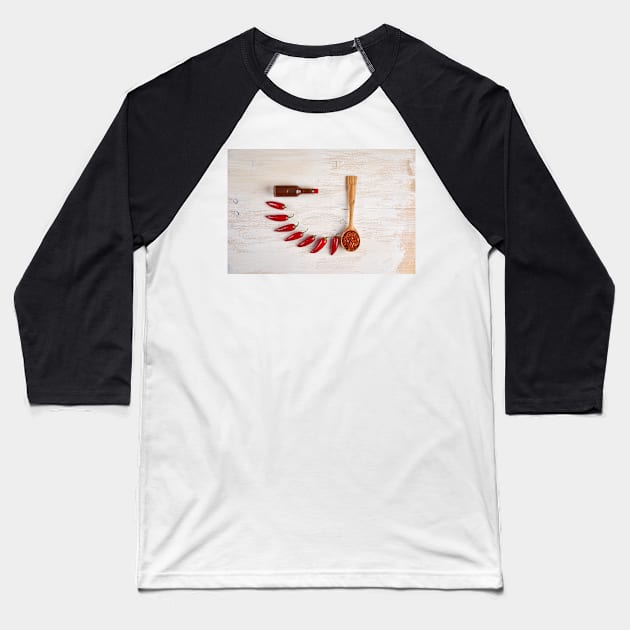 Chili peppers, flakes and hot sauce Baseball T-Shirt by naturalis